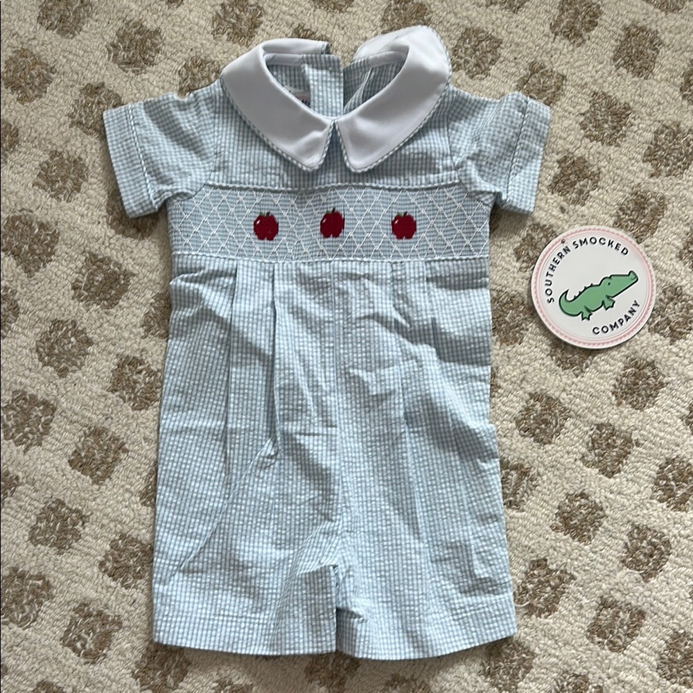 Blue Gingham Baby Romper with Red Apple Embroidery